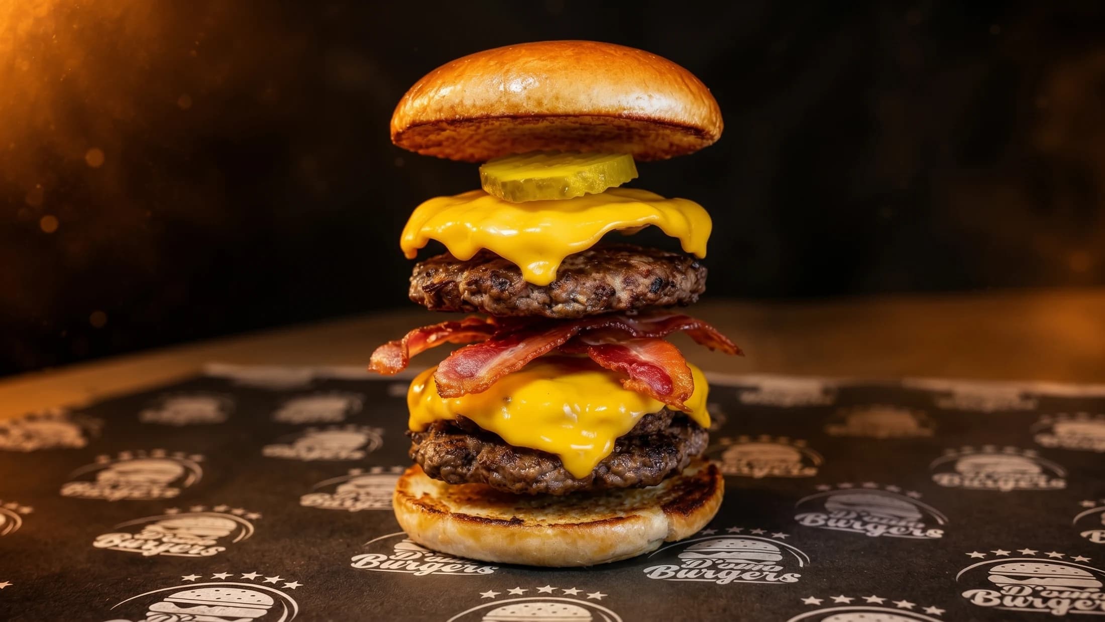 Composición conceptual de una hamburguesa con sus ingredientes suspendidos: pan, queso, carne y tocineta
