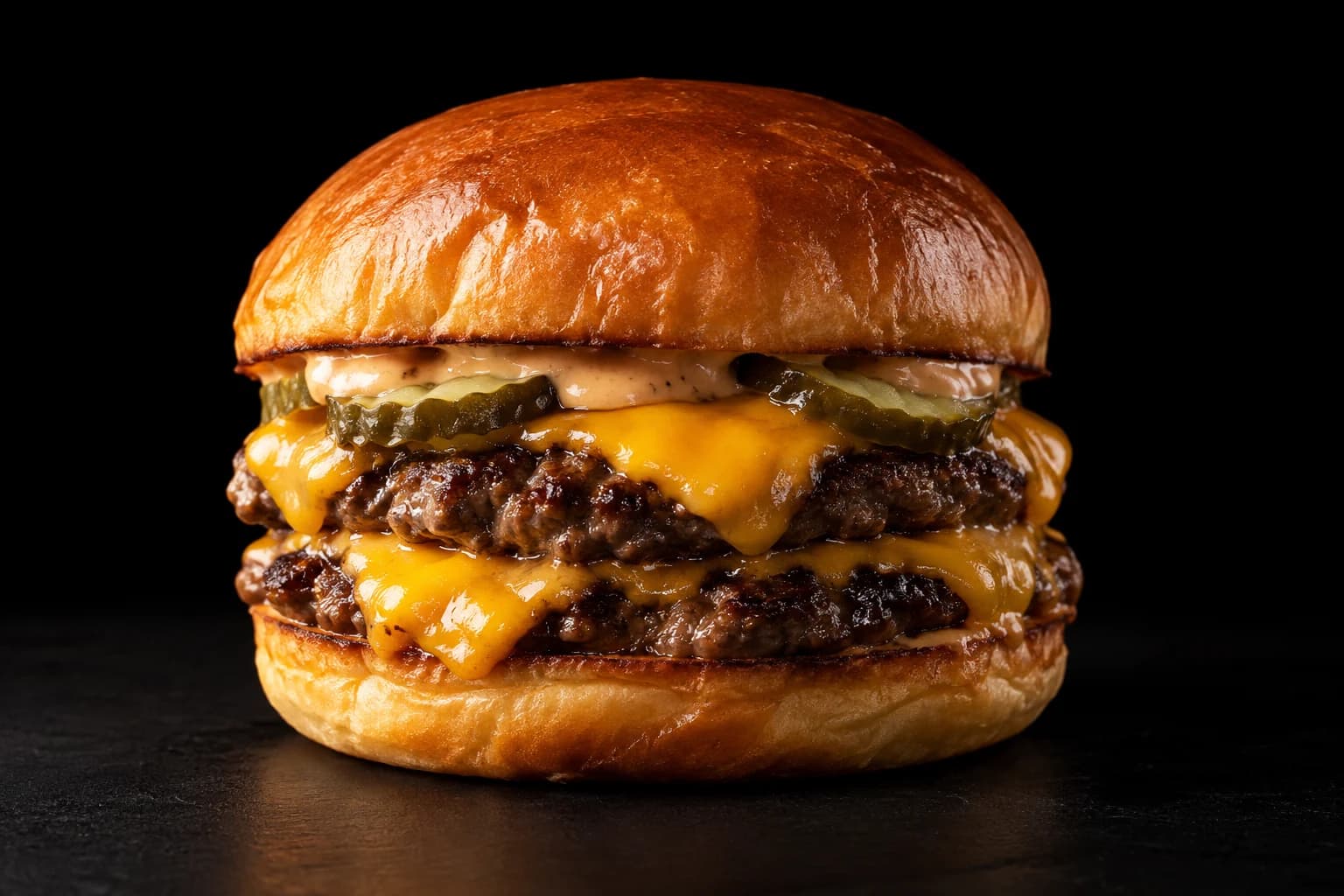 Imagen conceptual de una hamburguesa artesanal con pan dorado y queso fundido