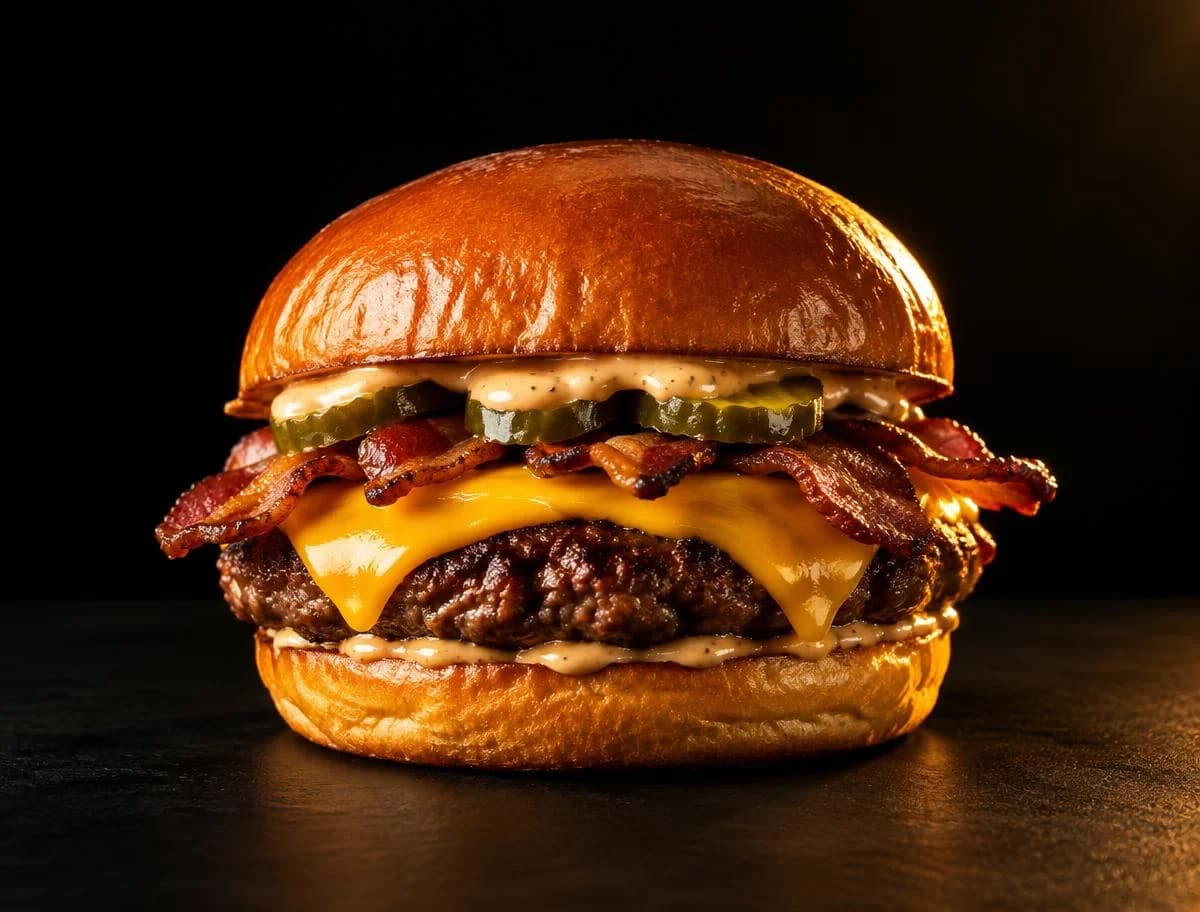 Imagen conceptual de una hamburguesa con bacon, cheddar y pepinillos