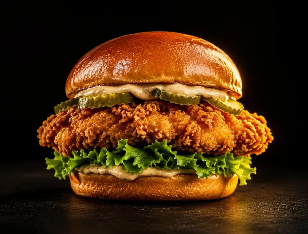 Imagen conceptual de una hamburguesa de pollo crocante con lechuga y pepinillos